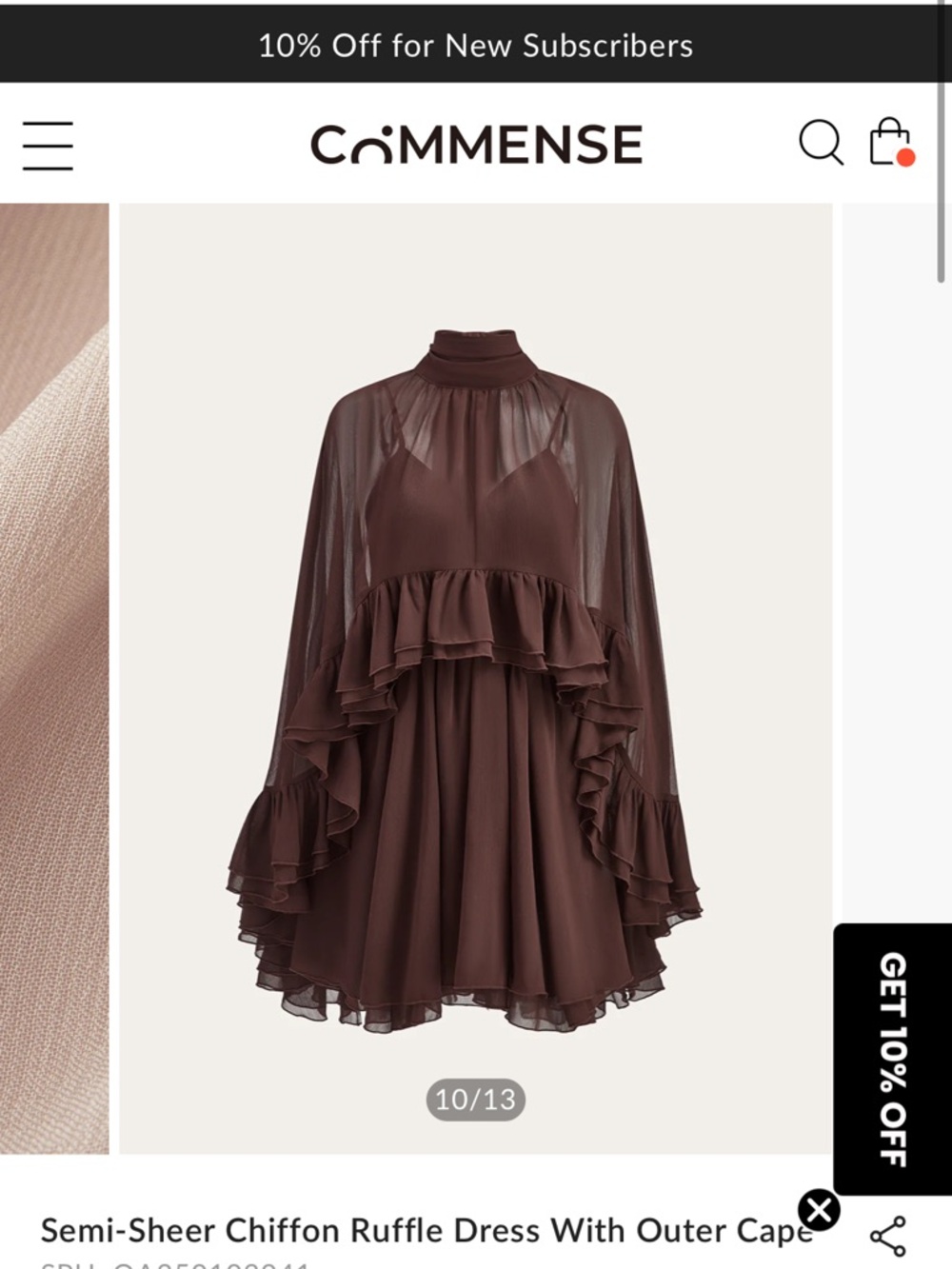 Commense Semi-Sheer Ruffle Mini Dress in Chocolate Brown